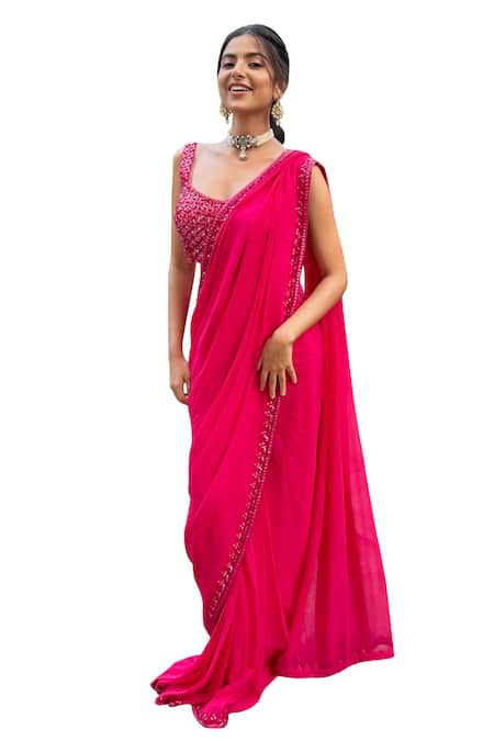 Richa Jaisinghani Label_Pink Net, Georgette Fleur Border Embellished Pre-draped Saree With Blouse _Online_at_Aza_Fashions