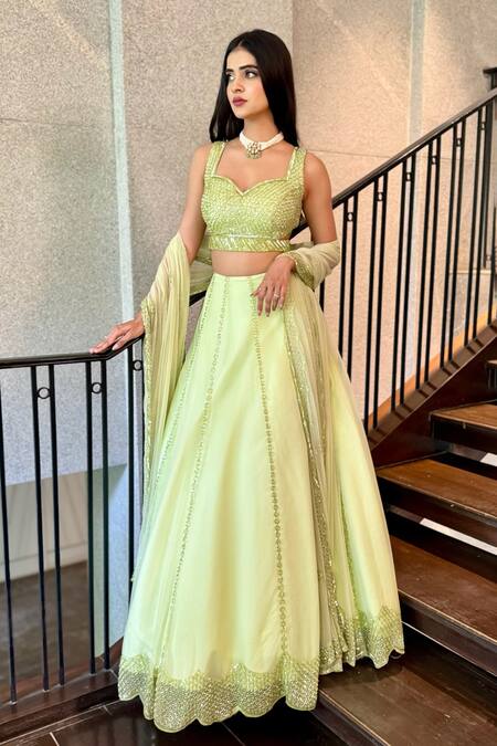 Buy_Richa Jaisinghani Label_Green Silk, Organza, Net Cut Work, Sequins, Cutdana Hive Kalidar Lehenga Set _Online_at_Aza_Fashions