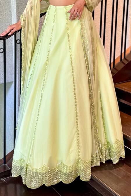 Shop_Richa Jaisinghani Label_Green Silk, Organza, Net Cut Work, Sequins, Cutdana Hive Kalidar Lehenga Set _Online_at_Aza_Fashions