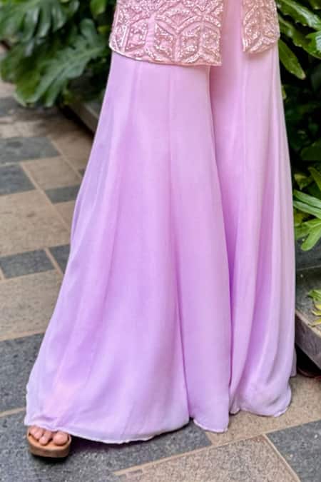 Richa Jaisinghani Label Lilac Georgette, Net Beads Round Neck, Square Embellished Jacket And Palazzo Set Online at Aza Fashions Richa Jaisinghani Label_Lilac Georgette, Net Beads Round Neck, Square Embellished Jacket And Palazzo Set _Online_at_Aza_Fashions