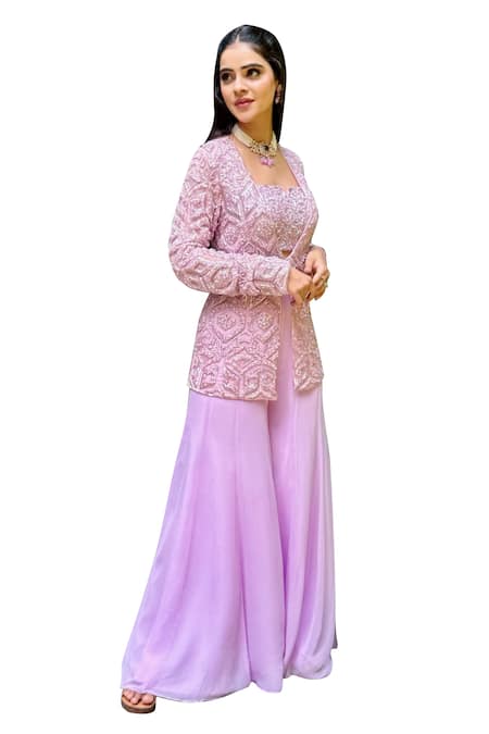 Buy Richa Jaisinghani Label Lilac Georgette, Net Beads Round Neck, Square Embellished Jacket And Palazzo Set Online at Aza Fashions Buy_Richa Jaisinghani Label_Lilac Georgette, Net Beads Round Neck, Square Embellished Jacket And Palazzo Set _Online_at_Aza_Fashions