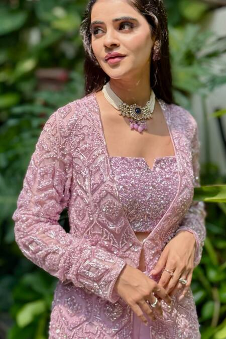 Shop_Richa Jaisinghani Label_Lilac Georgette, Net Beads Round Neck, Square Embellished Jacket And Palazzo Set _Online_at_Aza_Fashions