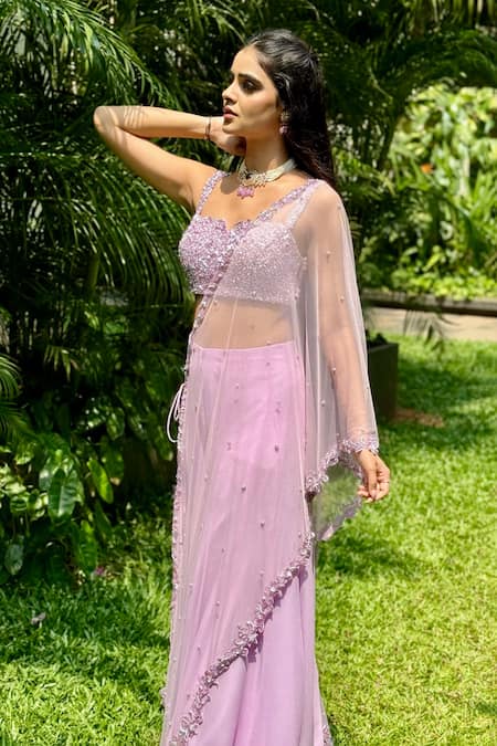 Richa Jaisinghani Label Persian Fleur Embellished Asymmetric Cape Palazzo Set 