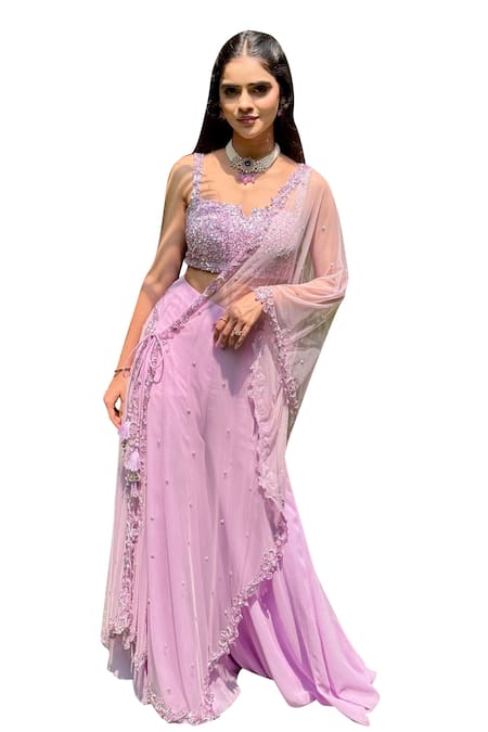 Richa Jaisinghani Label_Purple Net, Georgette Persian Fleur Embellished Asymmetric Cape Palazzo Set _Online_at_Aza_Fashions