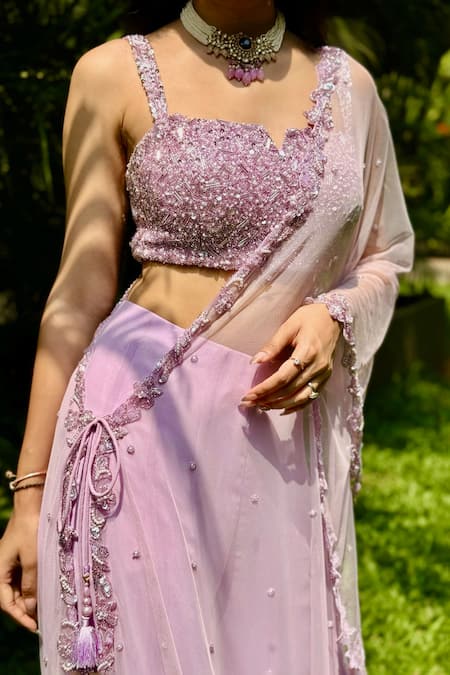 Buy_Richa Jaisinghani Label_Purple Net, Georgette Persian Fleur Embellished Asymmetric Cape Palazzo Set _Online_at_Aza_Fashions