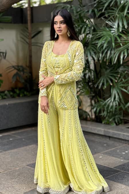 Shop_Richa Jaisinghani Label_Yellow Net, Georgette Beads, Mirrors, Cut Work, Bahar Jacket Palazzo Set _at_Aza_Fashions