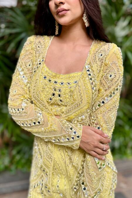 Richa Jaisinghani Label_Yellow Net, Georgette Beads, Mirrors, Cut Work, Bahar Jacket Palazzo Set _Online_at_Aza_Fashions