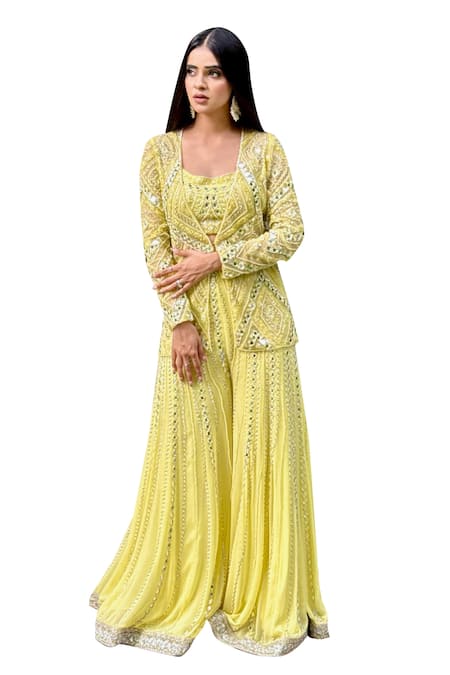 Buy_Richa Jaisinghani Label_Yellow Net, Georgette Beads, Mirrors, Cut Work, Bahar Jacket Palazzo Set _Online_at_Aza_Fashions