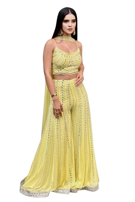 Richa Jaisinghani Label Yellow Net, Georgette Mirrors, Beads, Shamiyana Embroidered Bustier Palazzo Set Online at Aza Fashions Richa Jaisinghani Label_Yellow Net, Georgette Mirrors, Beads, Shamiyana Embroidered Bustier Palazzo Set _Online_at_Aza_Fashions