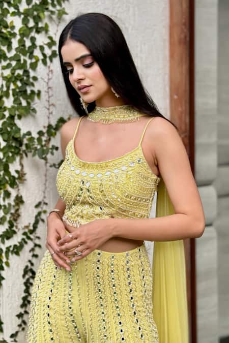Buy_Richa Jaisinghani Label_Yellow Net, Georgette Mirrors, Beads, Shamiyana Embroidered Bustier Palazzo Set _Online_at_Aza_Fashions