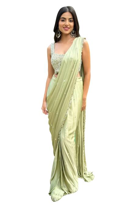 Shop_Richa Jaisinghani Label_Green Satin, Georgette Floret Border Embroidered Pre-draped Saree With Blouse _Online_at_Aza_Fashions