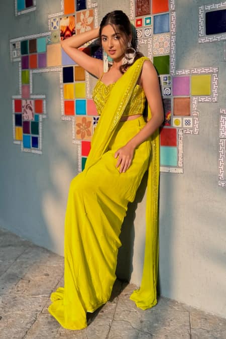 Richa Jaisinghani Label_Yellow Georgette, Net Sequins, Border Embroidered Pre-draped Saree With Blouse _Online_at_Aza_Fashions