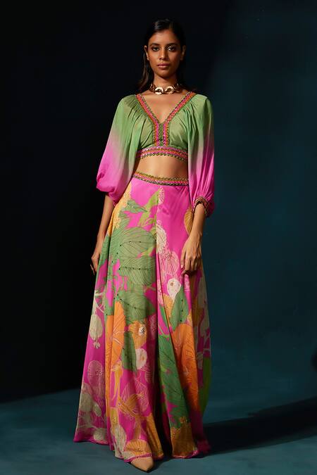 Buy_Basil Leaf_Fuchsia Chiffon V-neck Ombre Embellished Crop Top With Pant 