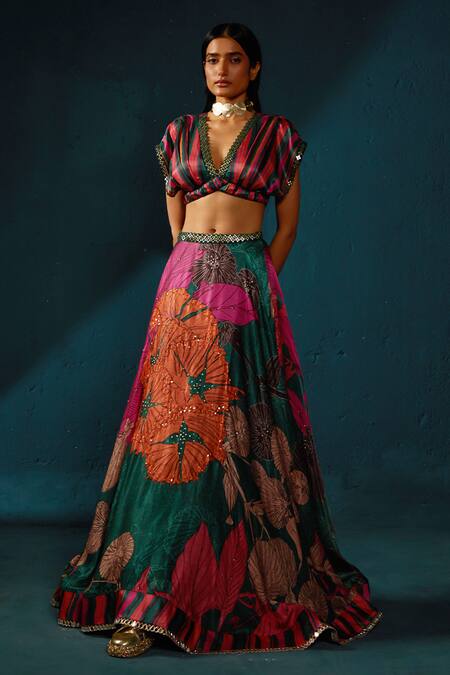 Basil Leaf_Multi Color Organza, Gingham Sequins, Floral Pattern Lehenga Blouse Set _at_Aza_Fashions