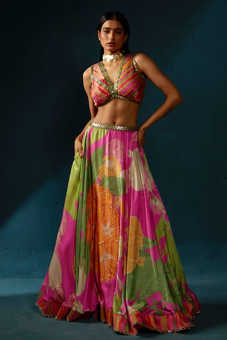 Basil Leaf_Fuchsia Gingham, Organza, Satin Floral Pattern Lehenga Set With Ombre Dupatta _at_Aza_Fashions