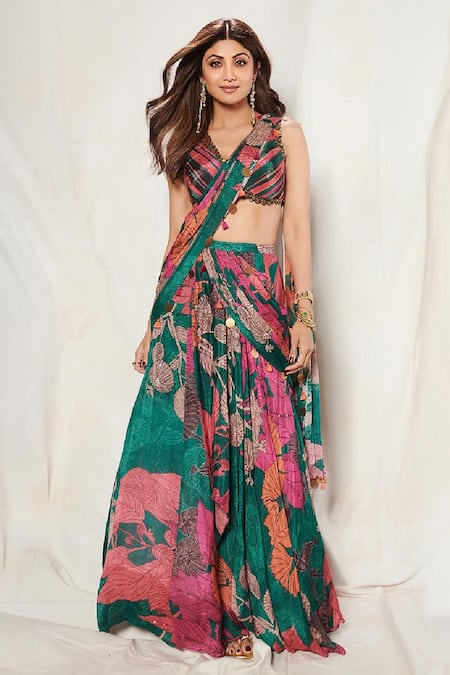 Basil Leaf Multi Color Chinon Chiffon Tassel Pre-draped Saree With Blouse 