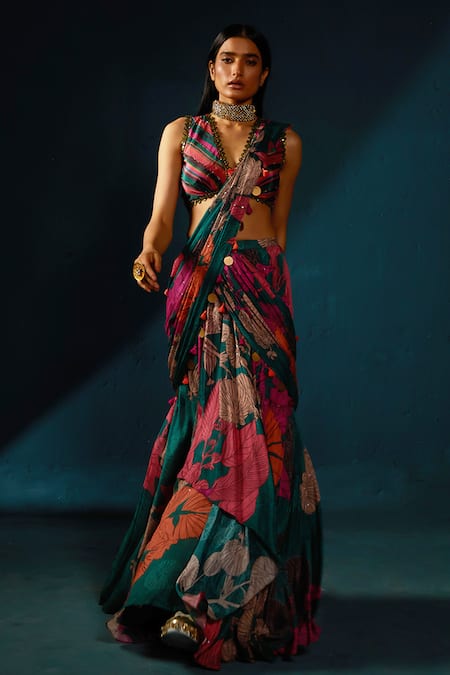 Buy_Basil Leaf_Multi Color Chiffon Tassels, Sequins Embellished Pre-draped Saree With Blouse _Online_at_Aza_Fashions
