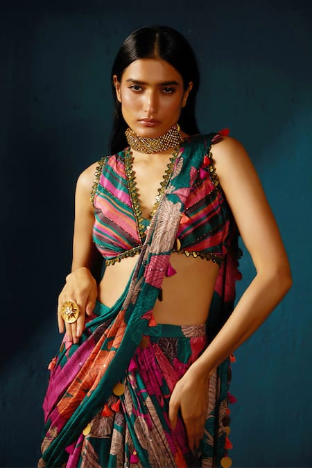 Shop_Basil Leaf_Multi Color Chiffon Tassels, Sequins Embellished Pre-draped Saree With Blouse _Online_at_Aza_Fashions