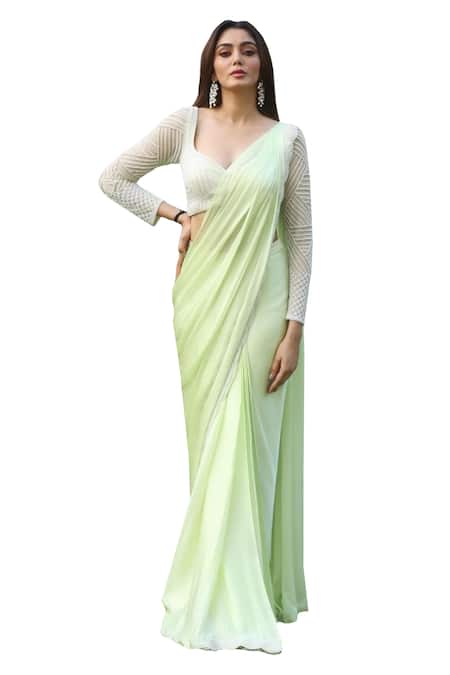 Richa Jaisinghani Label_Green Tulle, Satin, Georgette Pearls Border Embellished Saree With Blouse _Online_at_Aza_Fashions