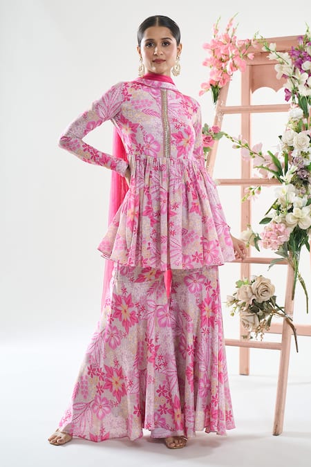 Basanti - Kapde Aur Koffee x AZA Pink Chinon Printed Floral Closed Short Anarkali Sharara Set