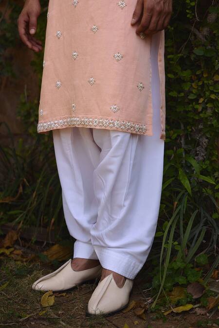 Buy_Ankit V Kapoor_Peach Viscose, Silk, Linen, Cotton Embroidery Rambagh Kurta And Salwar Set _Online_at_Aza_Fashions