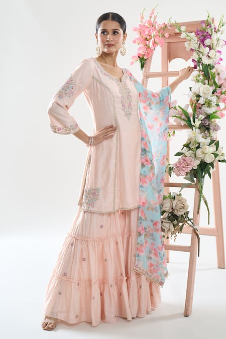 Basanti - Kapde Aur Koffee x AZA Pink Chanderi Printed Floral Notched Embroidered Kurta Sharara Set