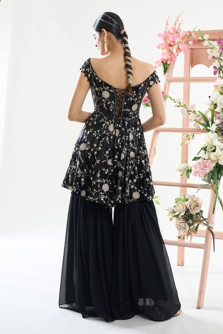 Basanti - Kapde Aur Koffee_Black Georgette Sequins, Zari, Embroidery Off Shoulder Anarkali Sharara Set_Online_at_Aza_Fashions