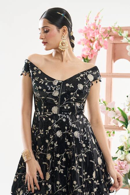 Shop_Basanti - Kapde Aur Koffee_Black Georgette Sequins, Zari, Embroidery Off Shoulder Anarkali Sharara Set_Online_at_Aza_Fashions