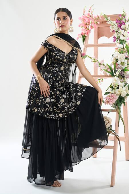 Buy_Basanti - Kapde Aur Koffee_Black Georgette Sequins, Zari, Embroidery Off Shoulder Anarkali Sharara Set