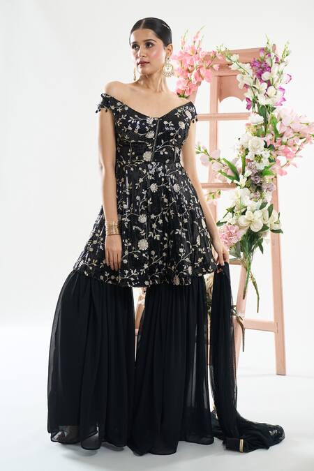 Shop_Basanti - Kapde Aur Koffee_Black Georgette Sequins, Zari, Embroidery Off Shoulder Anarkali Sharara Set