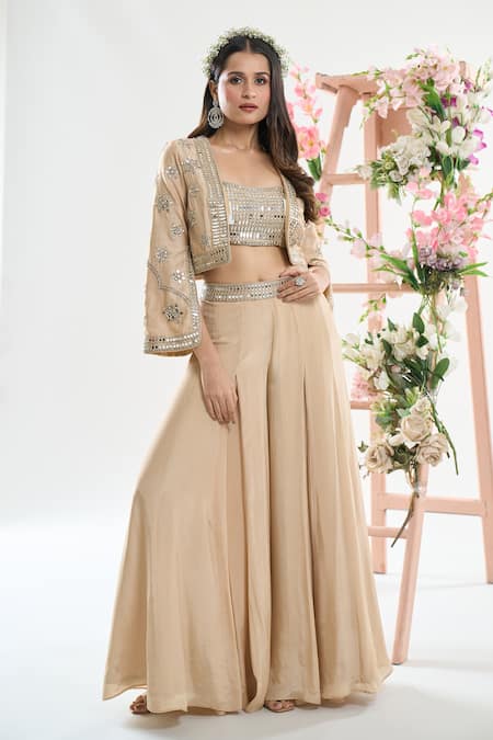 Basanti - Kapde Aur Koffee x AZA Beige Silk Embroidered Mirror Blouse Scoop Cropped Jacket Sharara Set