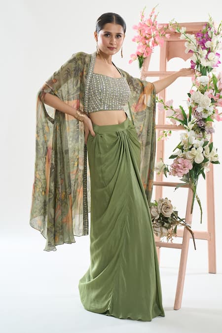 Basanti - Kapde Aur Koffee x AZA Green Chinon Embroidered Sequins Blouse Floral Print Cape And Draped Skirt Set