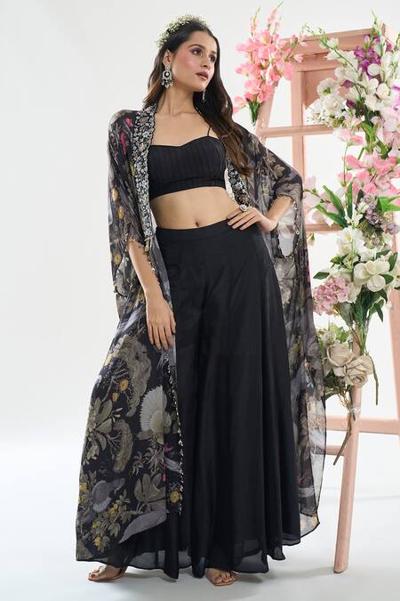 Basanti - Kapde Aur Koffee x AZA Black Chinon Embroidered Handwork Blouse Floral Print Cape And Sharara Set