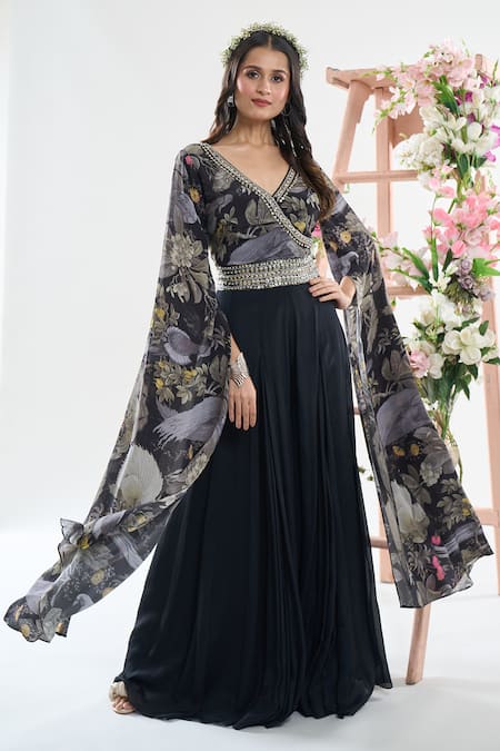 Basanti - Kapde Aur Koffee x AZA Black Chinon Embroidered Handwork Blouse Floral Print Draped Jumpsuit