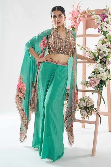 Basanti - Kapde Aur Koffee x AZA Green Crepe Embroidered Coins Blouse V Floral Print Cape And Draped Skirt Set
