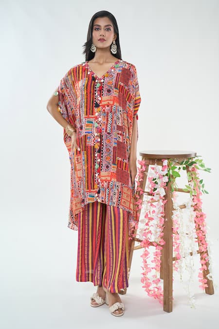 Basanti - Kapde Aur Koffee x AZA Red Chinon Printed Tassels V Neck Kurta And Striped Pant Set