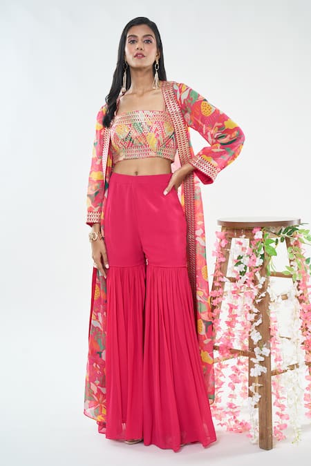 Basanti - Kapde Aur Koffee x AZA Pink Organza Printed Gota Patti Blouse Square Floral Jacket And Sharara Set