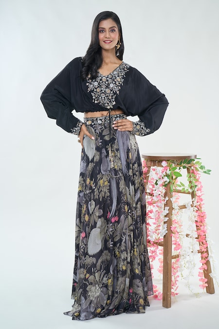 Basanti - Kapde Aur Koffee x AZA Black Crepe Printed Floral Top Blunt V Skirt And Embroidered Kaftan Set