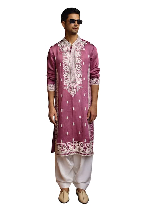 Shop_Ankit V Kapoor_Pink Viscose, Silk, Cotton Chittorgarh Kiran Dori Work Kurta And Salwar Set