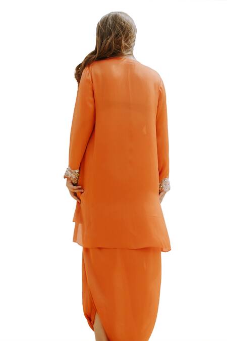 Kaprapan By Anaita Shah_Orange Satin, Chiffon Cut Work, Scattered Embroidered Kurta And Dhoti Pant Set_at_Aza_Fashions