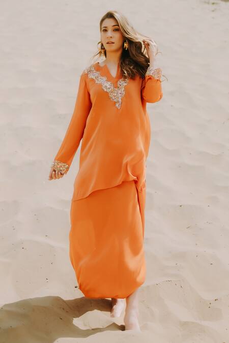 Buy_Kaprapan By Anaita Shah_Orange Satin, Chiffon Cut Work, Scattered Embroidered Kurta And Dhoti Pant Set