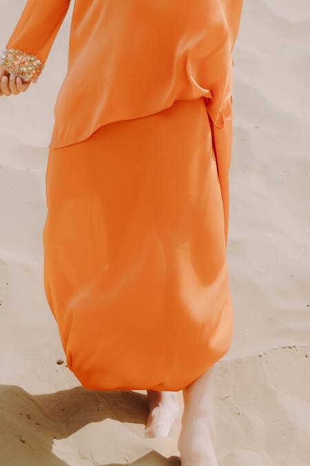 Shop_Kaprapan By Anaita Shah_Orange Satin, Chiffon Cut Work, Scattered Embroidered Kurta And Dhoti Pant Set