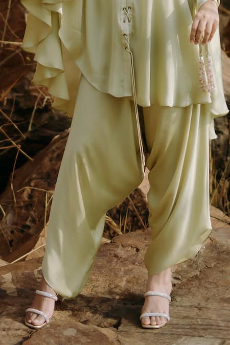 Kaprapan By Anaita Shah_Green Satin, Chiffon, Polyester Scatter Embroidered Kaftan Kurta And Pant Set_Online_at_Aza_Fashions