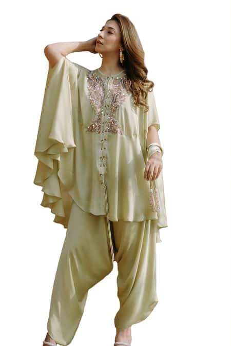 Buy_Kaprapan By Anaita Shah_Green Satin, Chiffon, Polyester Scatter Embroidered Kaftan Kurta And Pant Set_Online_at_Aza_Fashions
