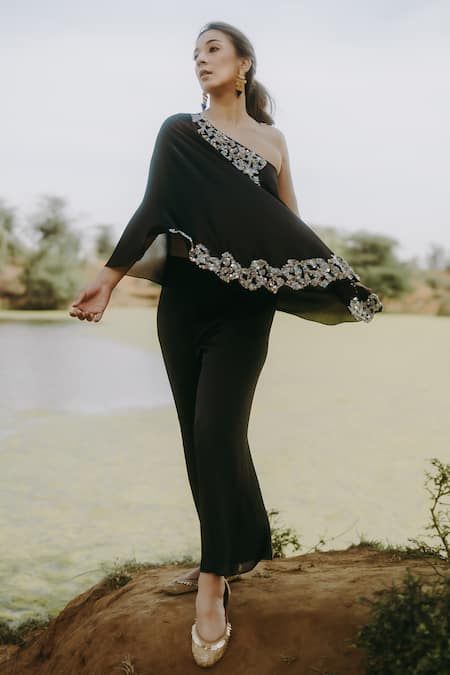 Kaprapan By Anaita Shah_Black Satin, Chiffon, Polyester Embroidery One Shoulder Tunic And Pant Set_Online_at_Aza_Fashions