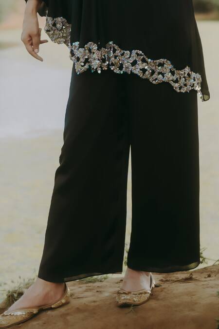 Buy_Kaprapan By Anaita Shah_Black Satin, Chiffon, Polyester Embroidery One Shoulder Tunic And Pant Set_Online_at_Aza_Fashions