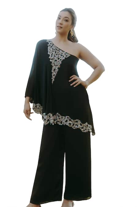 Shop_Kaprapan By Anaita Shah_Black Satin, Chiffon, Polyester Embroidery One Shoulder Tunic And Pant Set_Online_at_Aza_Fashions
