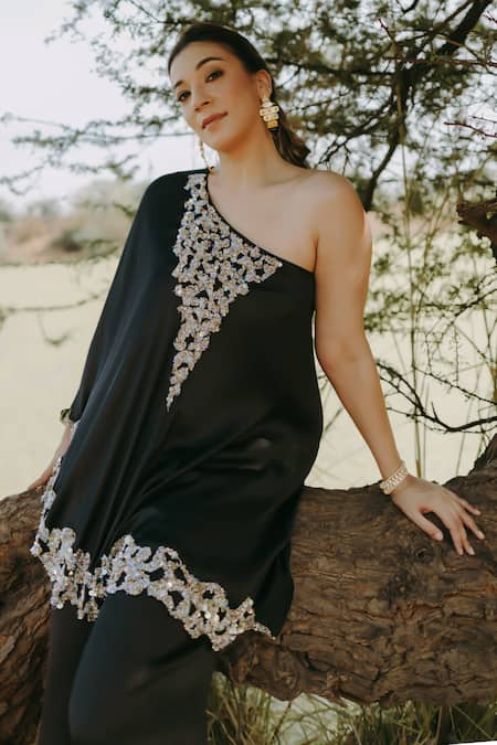Kaprapan By Anaita Shah_Black Satin, Chiffon, Polyester Embroidery One Shoulder Tunic And Pant Set_at_Aza_Fashions