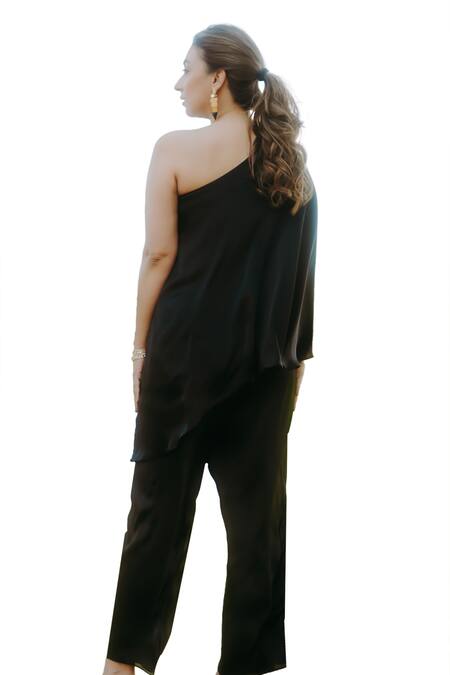 Shop_Kaprapan By Anaita Shah_Black Satin, Chiffon, Polyester Embroidery One Shoulder Tunic And Pant Set