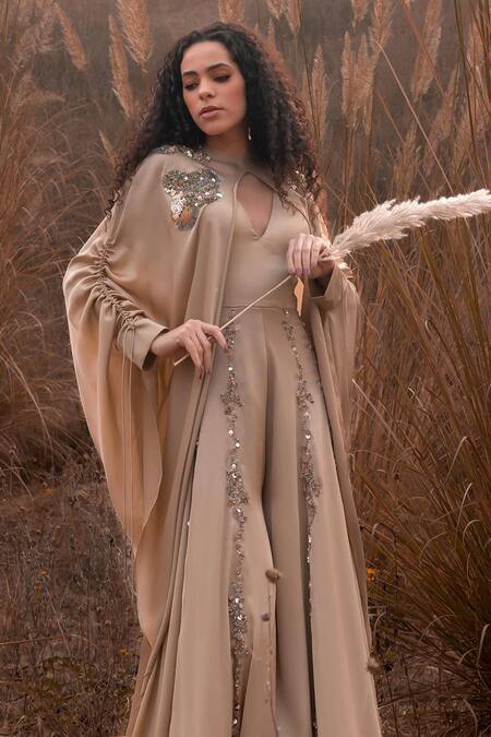 Buy_Kaprapan By Anaita Shah_Beige Satin Chiffon Embroidered Sequin Round Jumpsuit With Cape_Online_at_Aza_Fashions